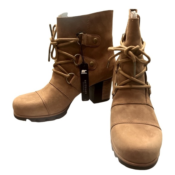 Sorel Addington Lace Up Block Heel Moto Suede Tan Boot NWT’S SZ 9 - Picture 2 of 13